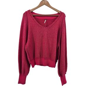 Free People Red Metallic Knit Cropped Sweater Size Large Sparkly V-Neck Boho